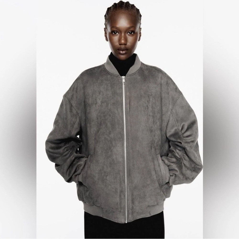 Zara Faux suede  Gray Bomber Jacket 3046/284